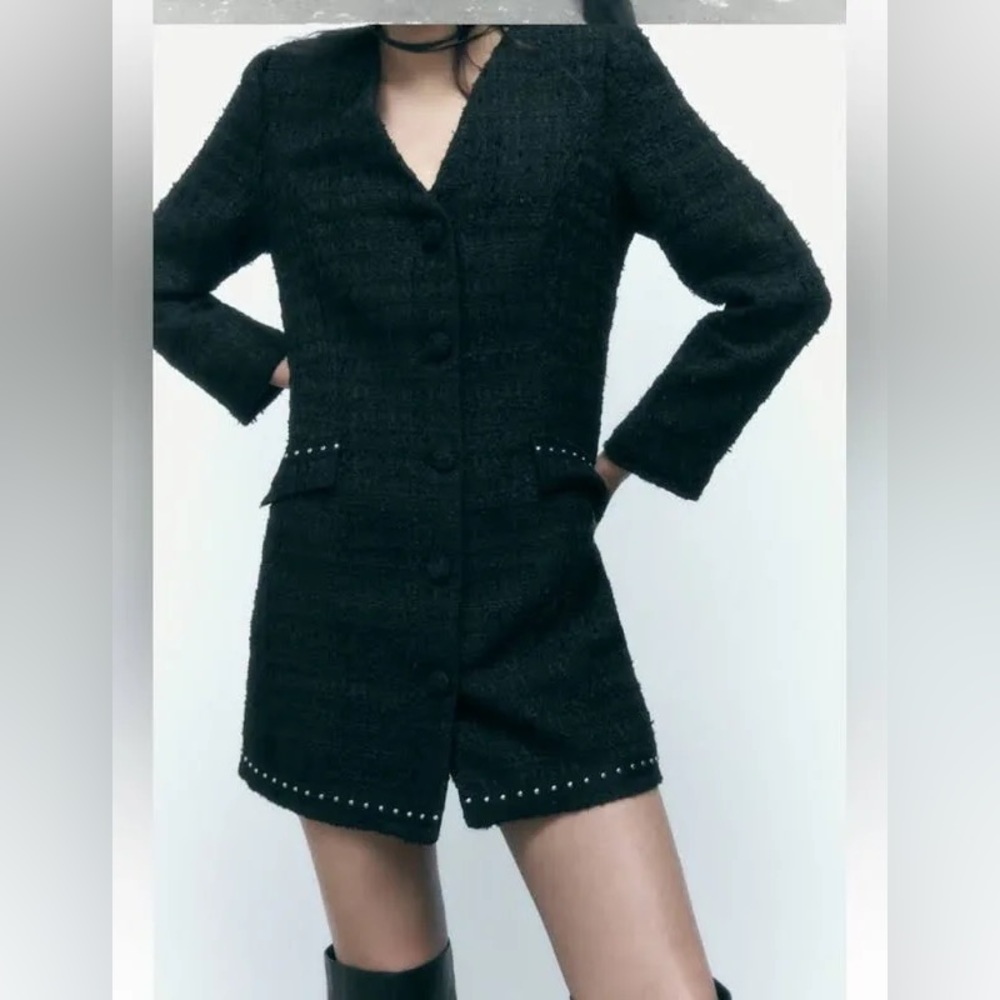Zara black studded tweed button down blazer dress, new with tags